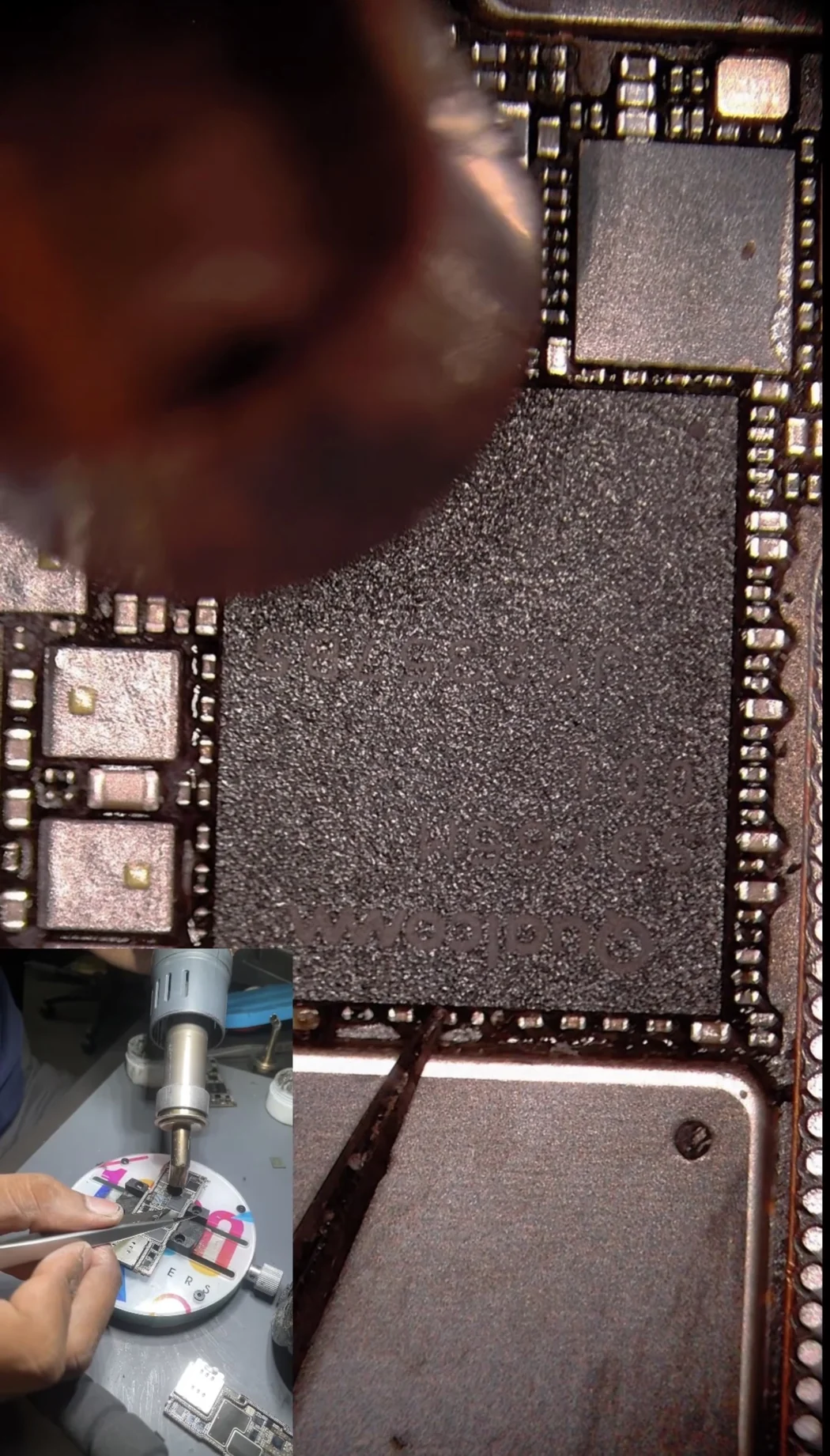 Reballed baseband processor soldered onto the replacement lower board layer of an iPhone 14 Pro Max