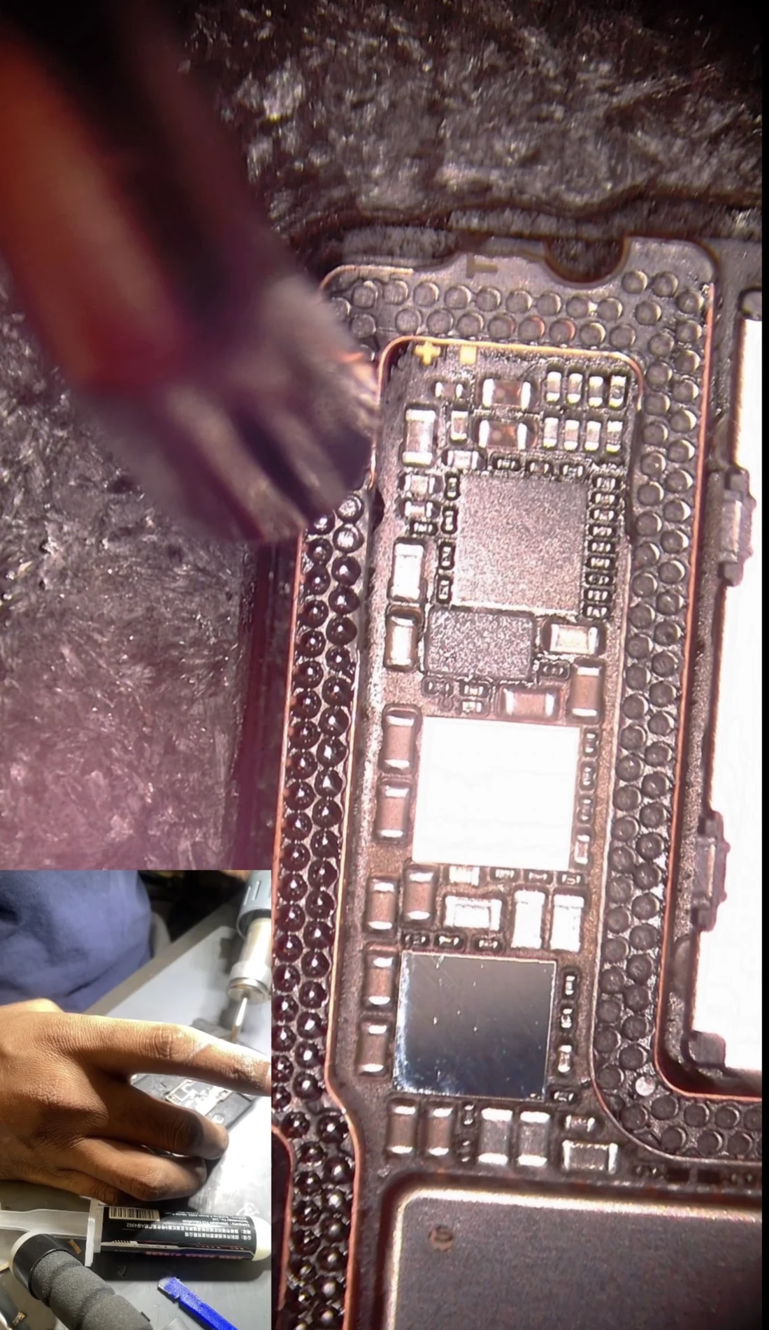 Reballed perimeter joint array on an iPhone 14 Pro Max board layer under a microscope