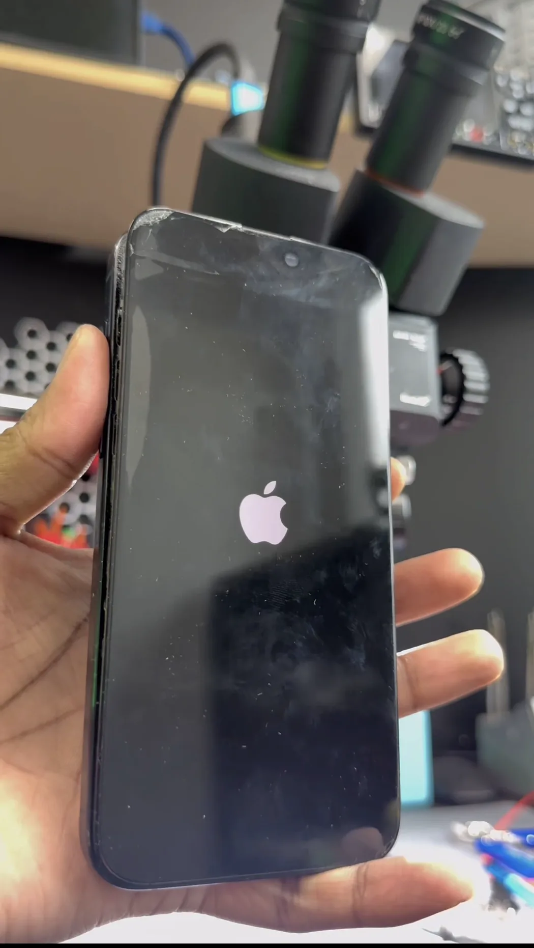 iPhone 15 Pro Max booting with the display working again after board-level repair
