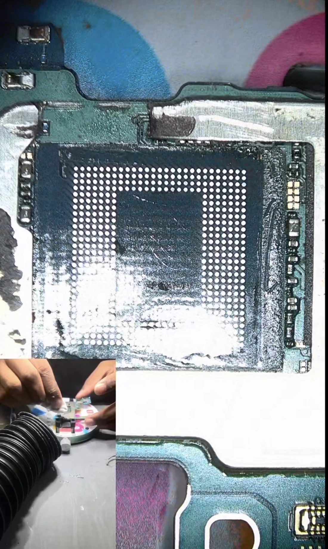 Clean bare copper BGA pad array on a Galaxy S23 Ultra board after the old solder has been removed