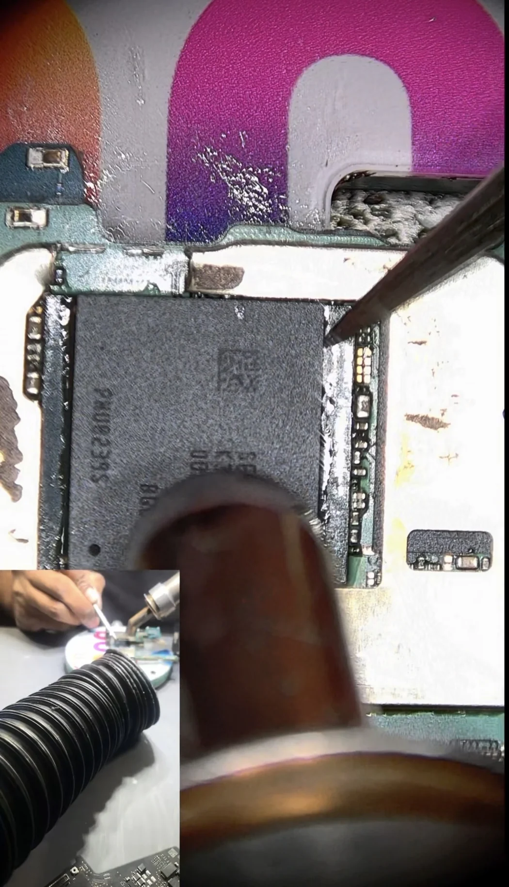 Reballed processor soldered back onto the Galaxy S23 Ultra board, viewed under a microscope