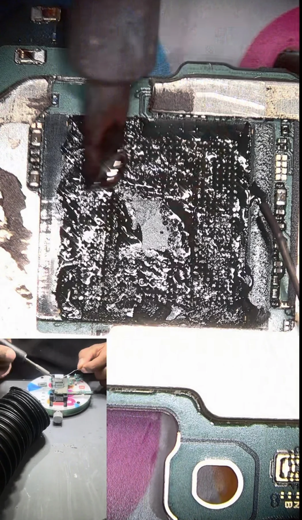 Flux and molten solder spread across the processor pad area of a Galaxy S23 Ultra board during cleaning
